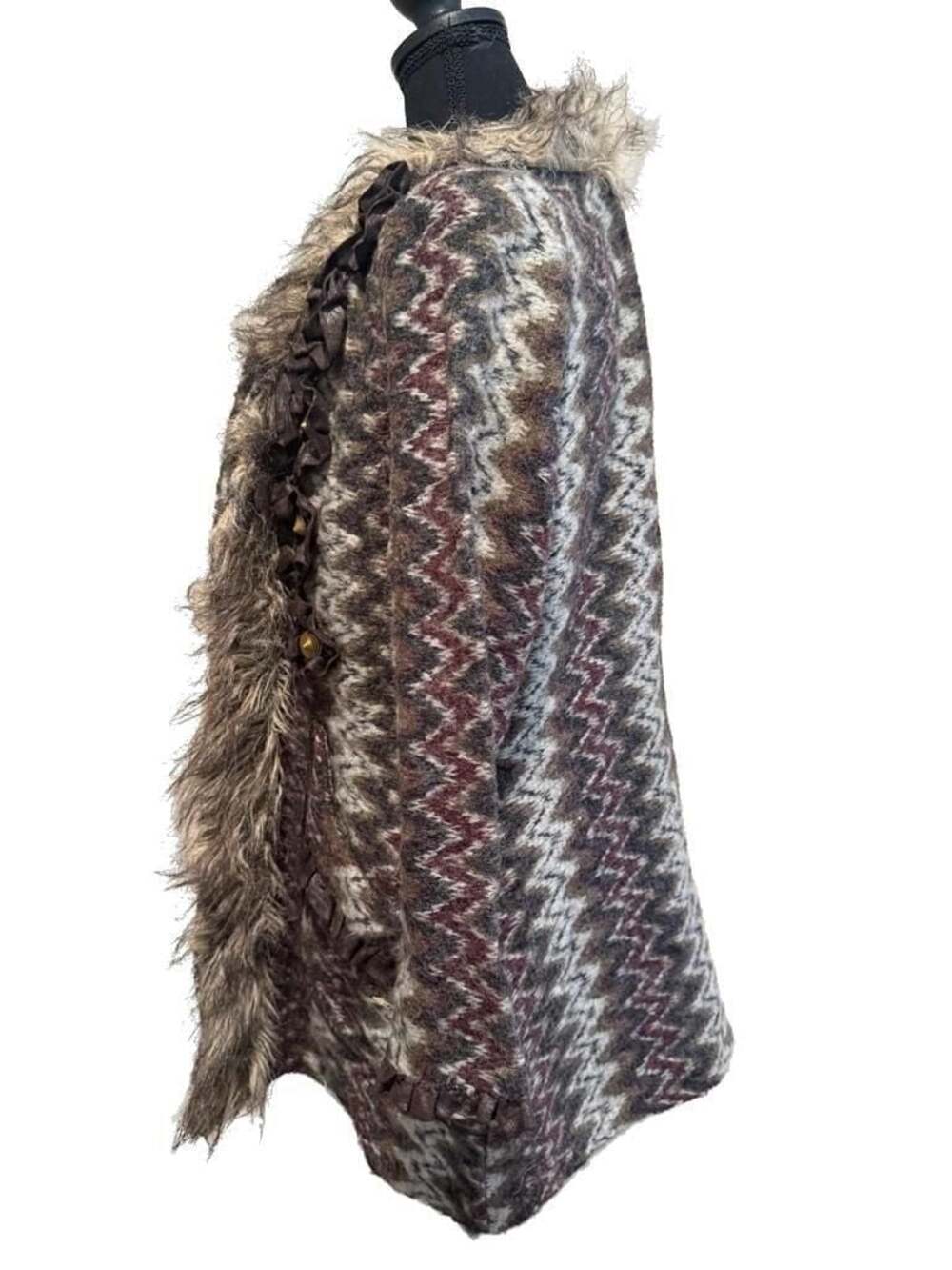 VTG Y2k Roz & Ali Faux Fur Trim Zigzag Knit Cardigan Sweater Jacket with Ruffles - Picture 5 of 13